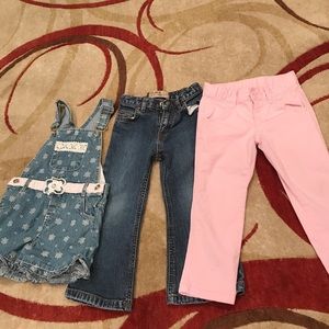 2 toddler pants and 1 overalls shorts